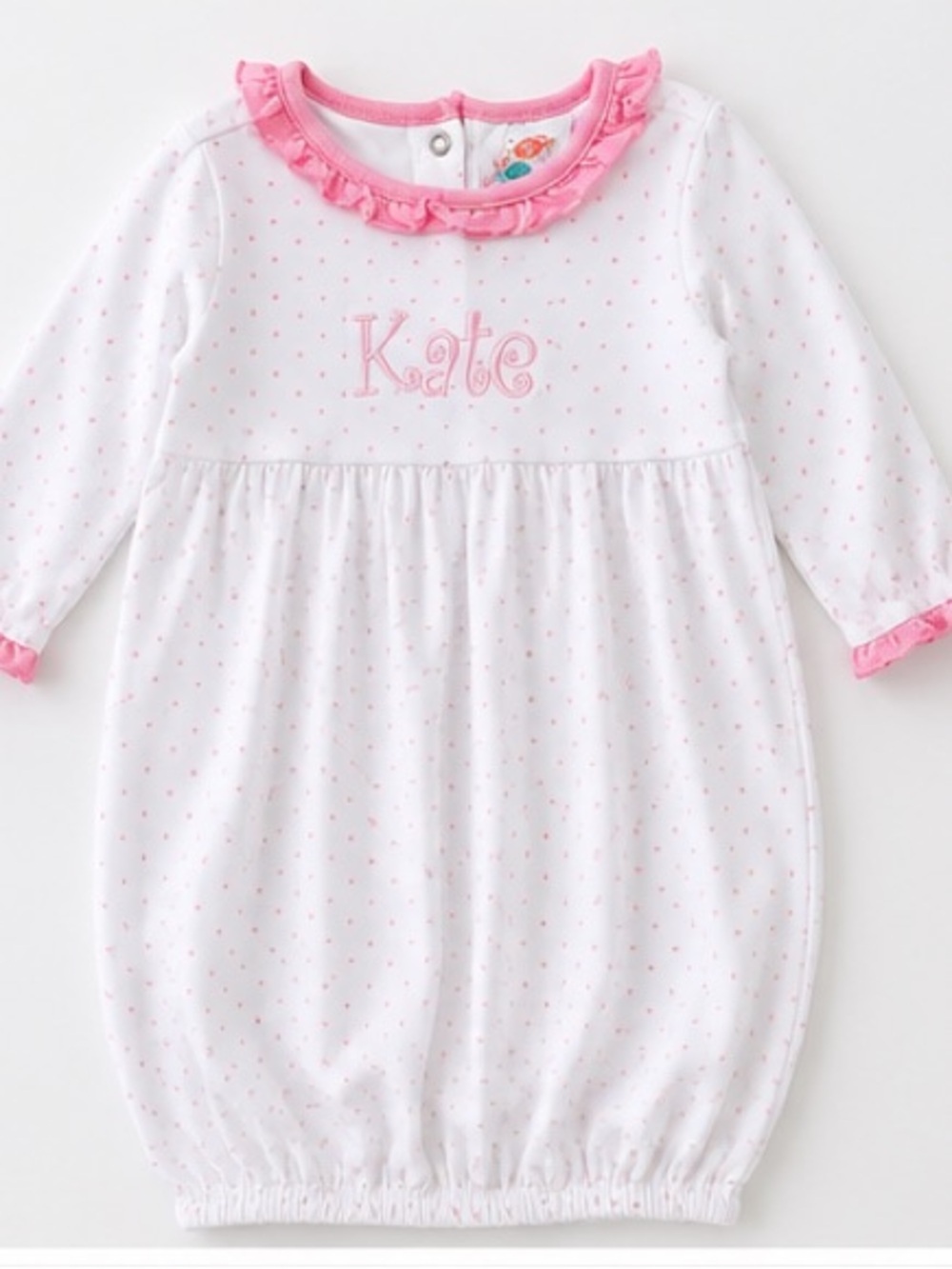 Pristine Stitchy Fish 3-6 months ruffle “Kate” Embroidered Pink Dot Gown